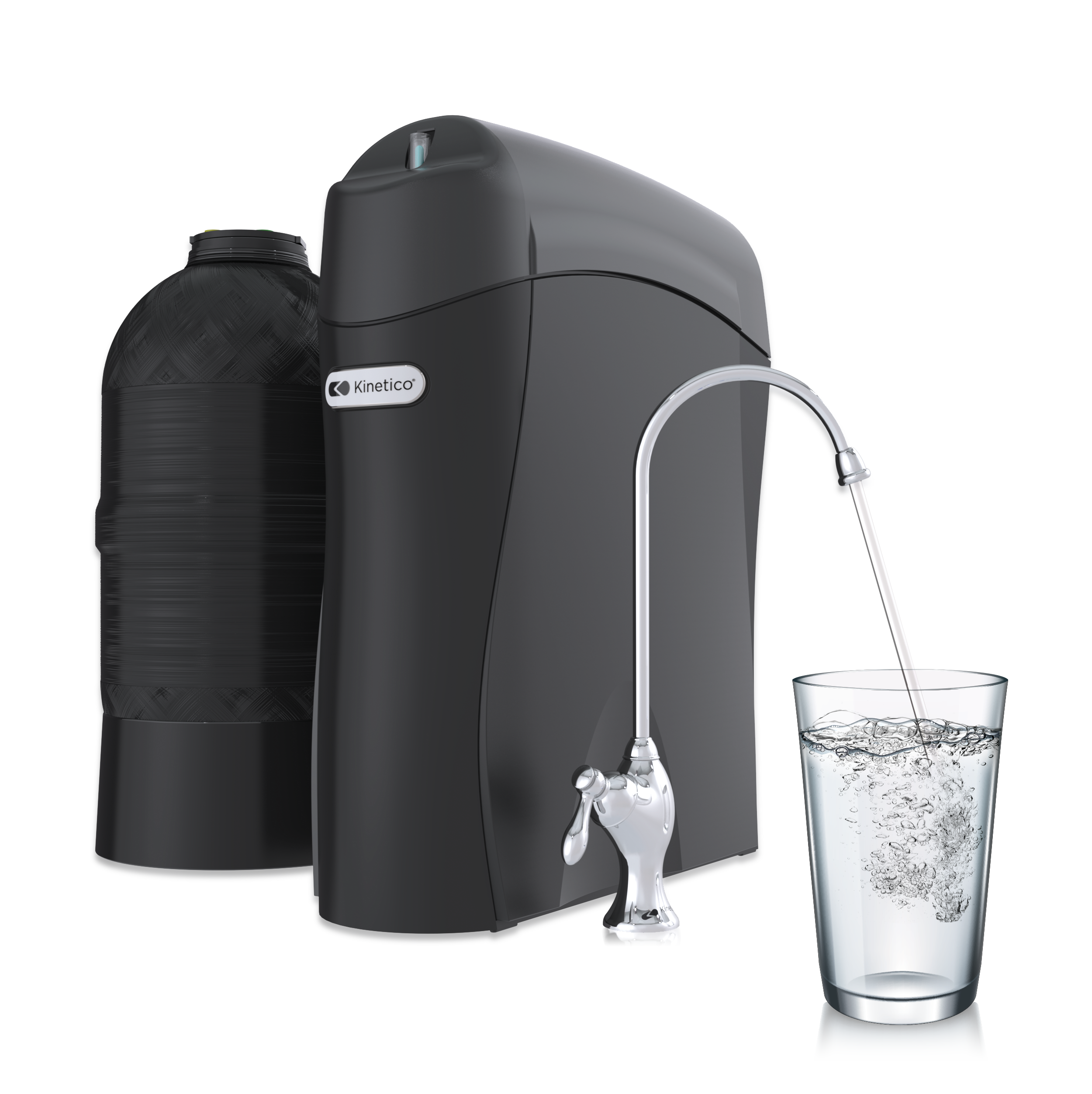 Black Kinetico drinking water system filling a glass
